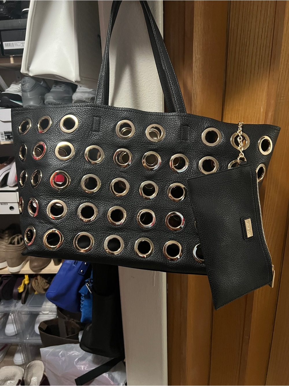 Deux Lux Black Tote with Gold Eyelet Detail